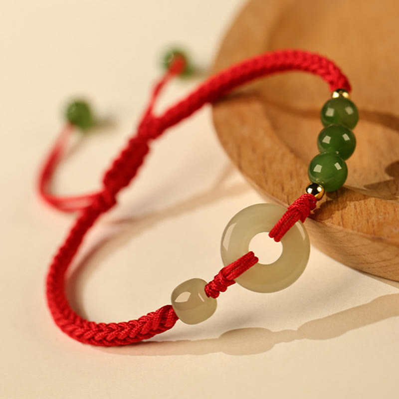 Fortune Jewel Natural Hetian Jade Peace Buckle Red String Protection Luck Bracelet
