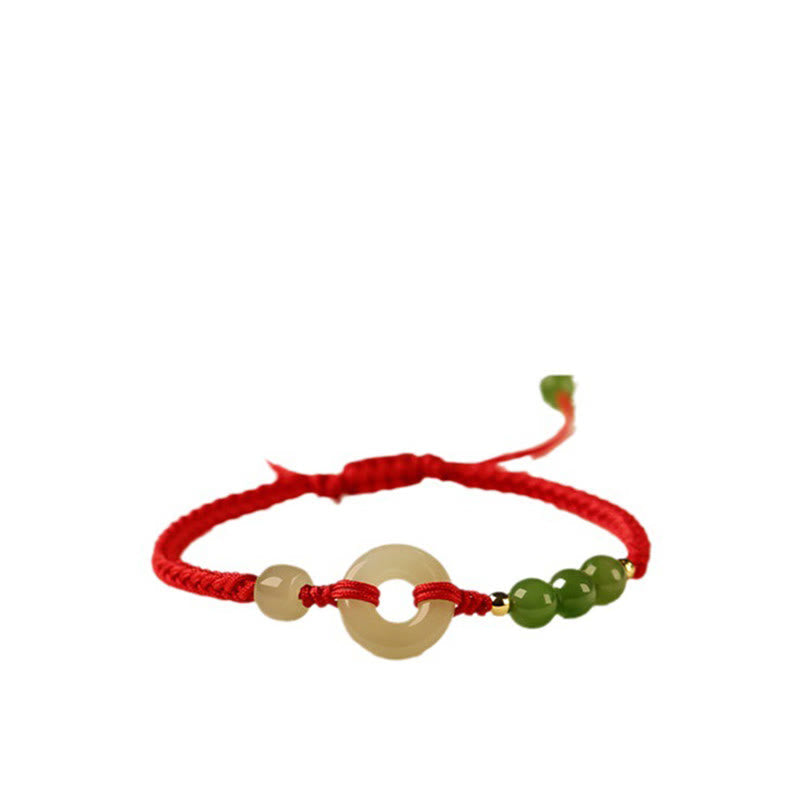 Fortune Jewel Natural Hetian Jade Peace Buckle Red String Protection Luck Bracelet