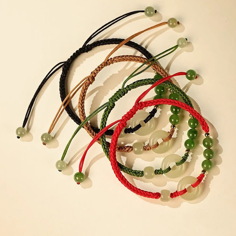 Fortune Jewel Natural Hetian Jade Peace Buckle Red String Protection Luck Bracelet