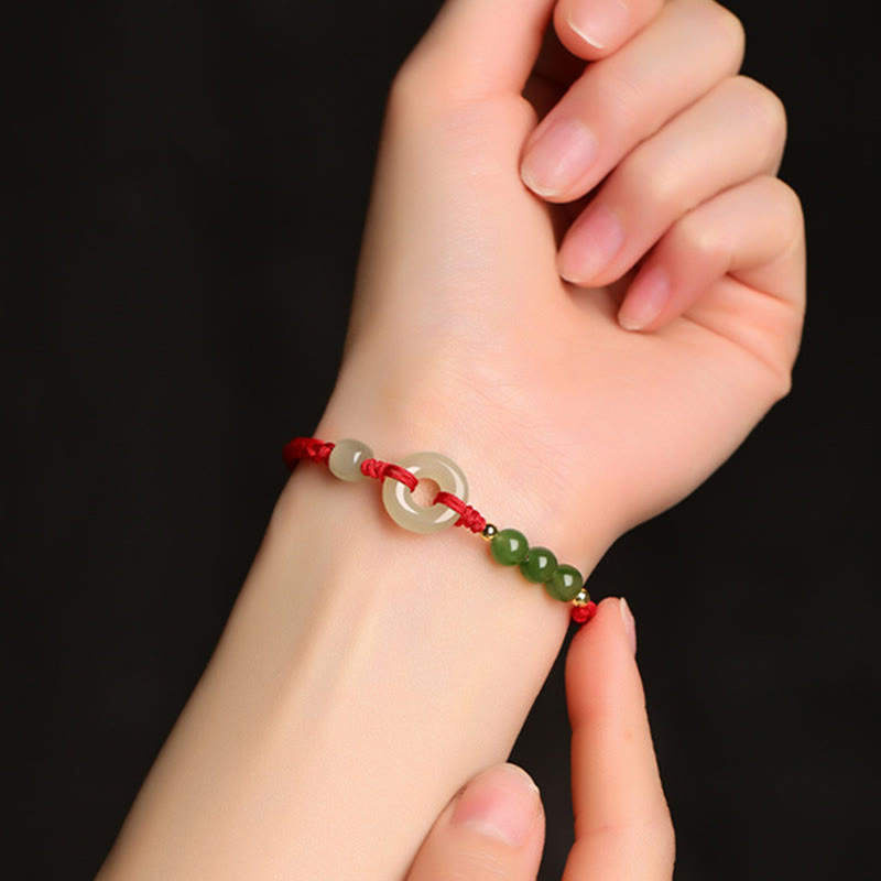 Fortune Jewel Natural Hetian Jade Peace Buckle Red String Protection Luck Bracelet