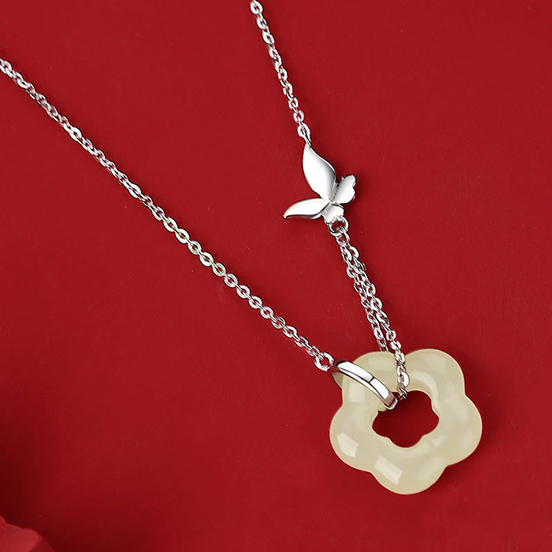 Fortune Jewel 925 Sterling Silver Butterfly Hetian Jade Flower Blessing Necklace Pendant