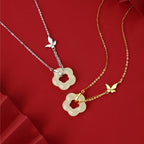 Fortune Jewel 925 Sterling Silver Butterfly Hetian Jade Flower Blessing Necklace Pendant