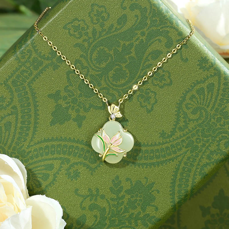 Fortune Jewel 925 Sterling Silver Magnolia Butterfly Hetian Jade Four Leaf Clover Blessing Earrings Necklace Pendant