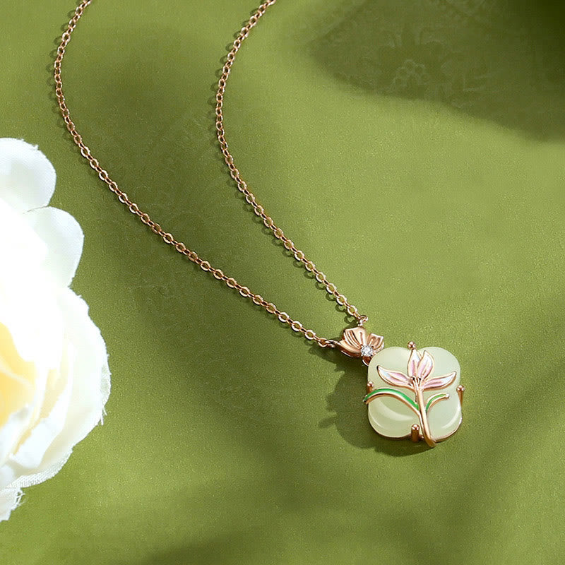 Fortune Jewel 925 Sterling Silver Magnolia Butterfly Hetian Jade Four Leaf Clover Blessing Earrings Necklace Pendant