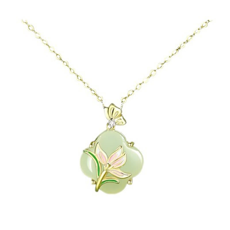 Fortune Jewel 925 Sterling Silver Magnolia Butterfly Hetian Jade Four Leaf Clover Blessing Earrings Necklace Pendant