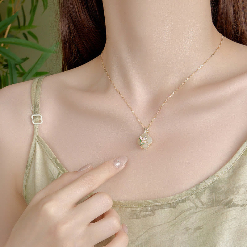 Fortune Jewel 925 Sterling Silver Magnolia Butterfly Hetian Jade Four Leaf Clover Blessing Earrings Necklace Pendant