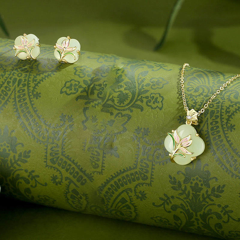 Fortune Jewel 925 Sterling Silver Magnolia Butterfly Hetian Jade Four Leaf Clover Blessing Earrings Necklace Pendant