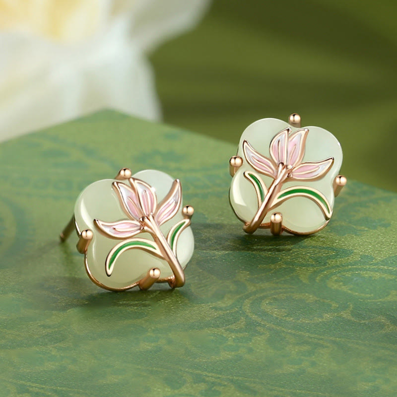 Fortune Jewel 925 Sterling Silver Magnolia Butterfly Hetian Jade Four Leaf Clover Blessing Earrings Necklace Pendant