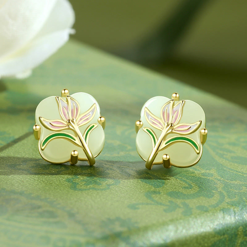 Fortune Jewel 925 Sterling Silver Magnolia Butterfly Hetian Jade Four Leaf Clover Blessing Earrings Necklace Pendant