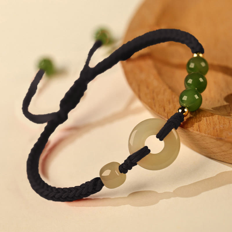 Fortune Jewel Natural Hetian Jade Peace Buckle Red String Protection Luck Bracelet
