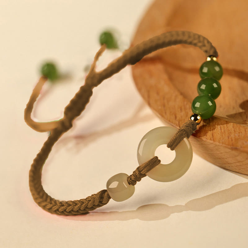 Fortune Jewel Natural Hetian Jade Peace Buckle Red String Protection Luck Bracelet