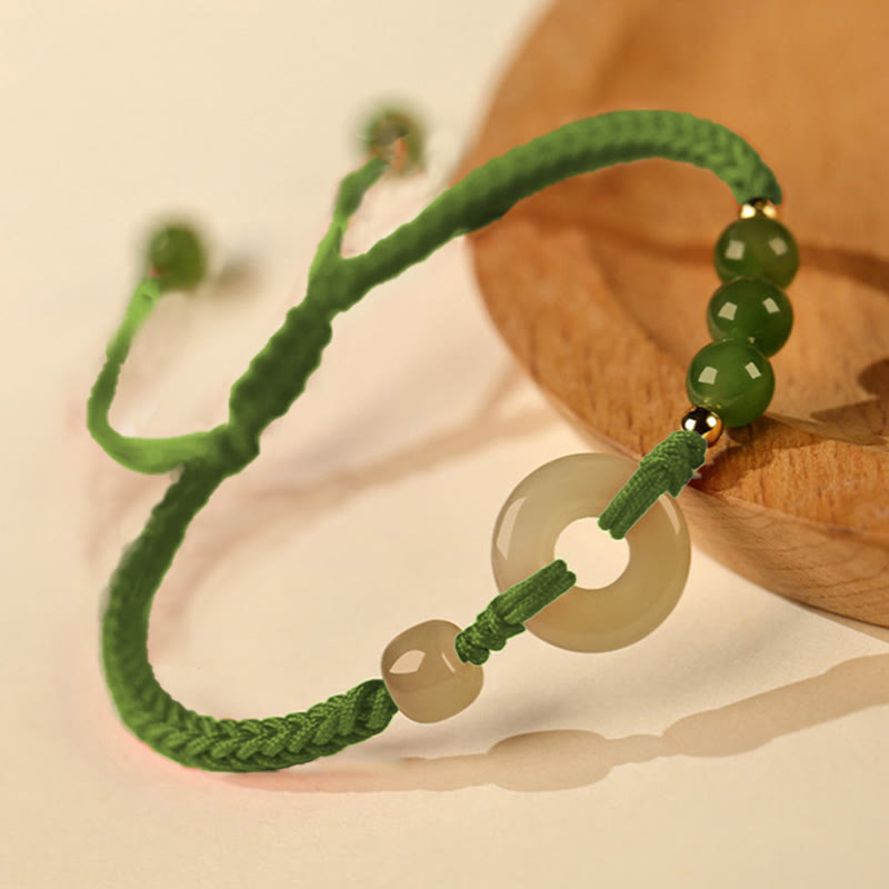 Fortune Jewel Natural Hetian Jade Peace Buckle Red String Protection Luck Bracelet