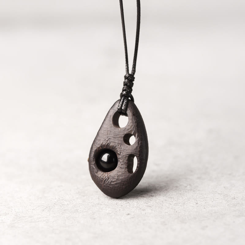 Fortune Jewel Ebony Wood Hollow Inlaid Obsidian Peace Calm Necklace Pendant