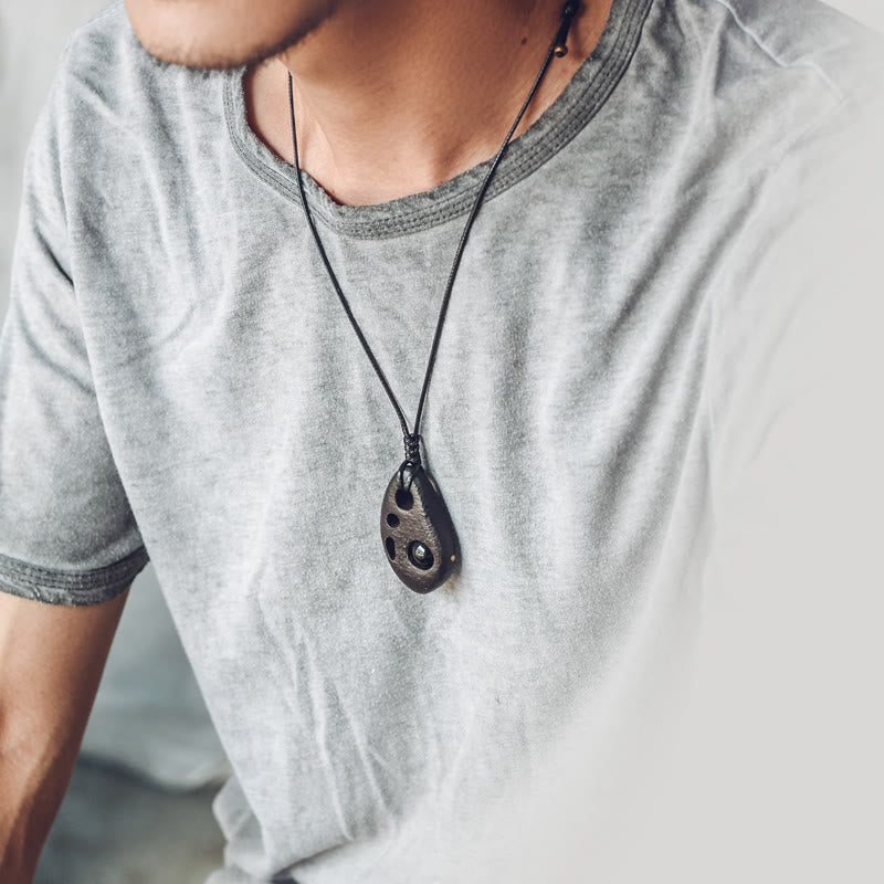 Fortune Jewel Ebony Wood Hollow Inlaid Obsidian Peace Calm Necklace Pendant