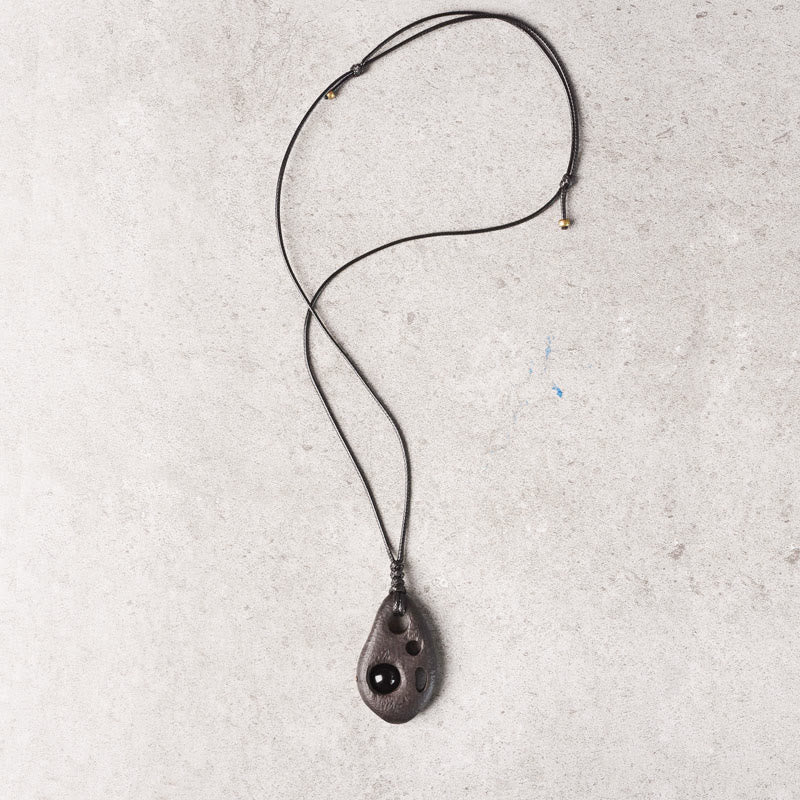 Fortune Jewel Ebony Wood Hollow Inlaid Obsidian Peace Calm Necklace Pendant