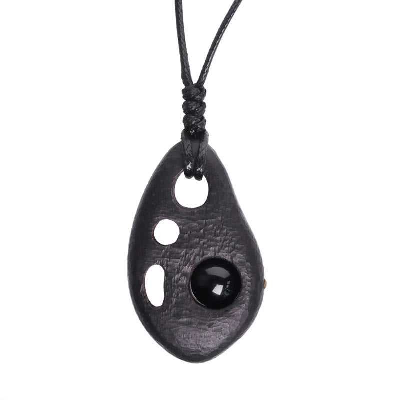 Fortune Jewel Ebony Wood Hollow Inlaid Obsidian Peace Calm Necklace Pendant