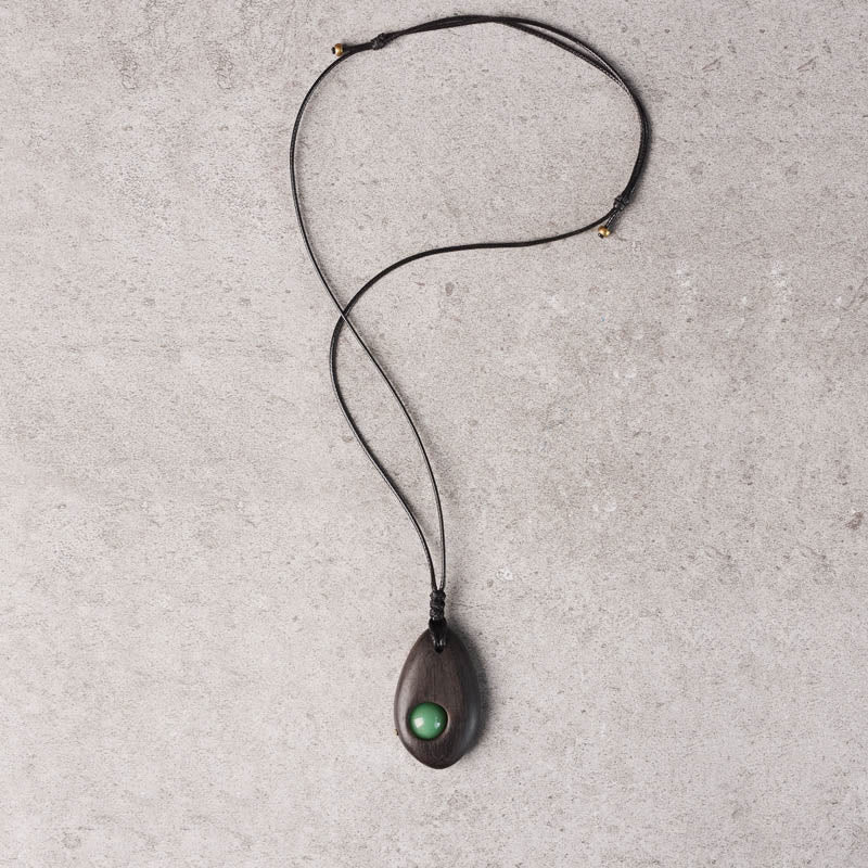 Fortune Jewel Ebony Wood Green Aventurine Peace Calm Necklace Pendant