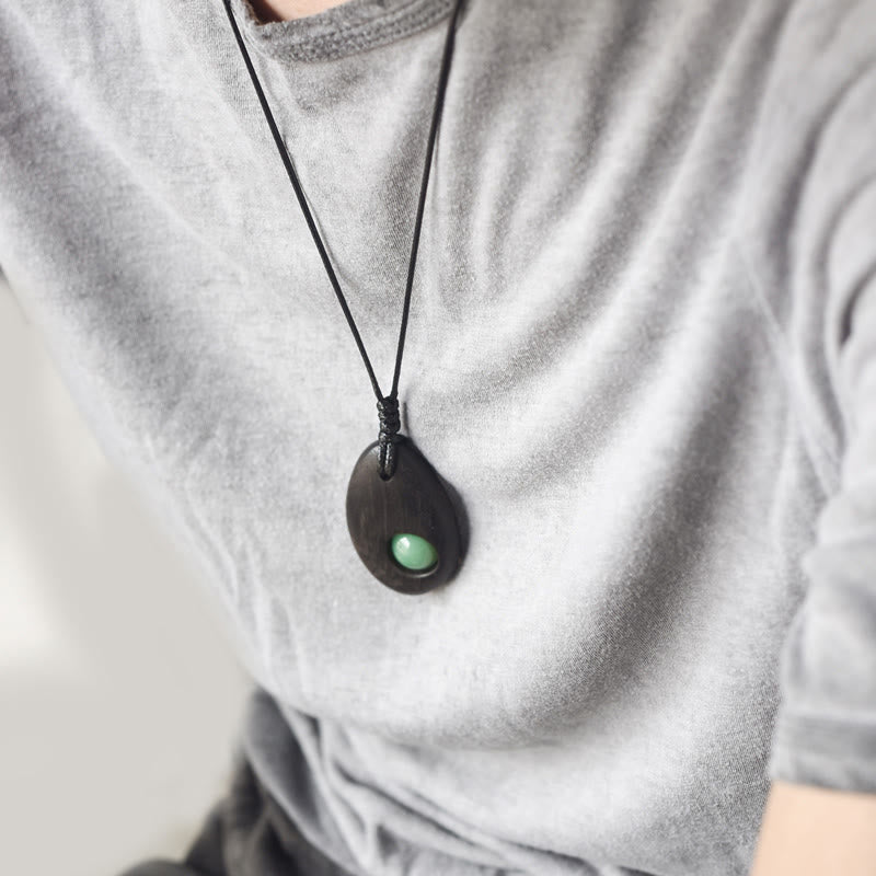 Fortune Jewel Ebony Wood Green Aventurine Peace Calm Necklace Pendant
