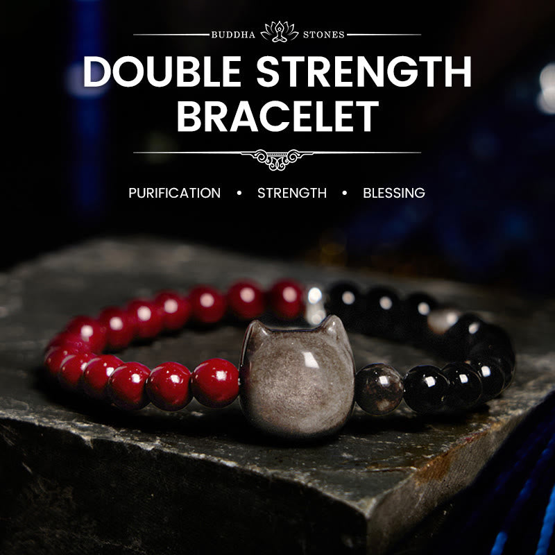 Fortune Jewel Black Obsidian Cinnabar Silver Sheen Obsidian Cat Fulfilment Bracelet