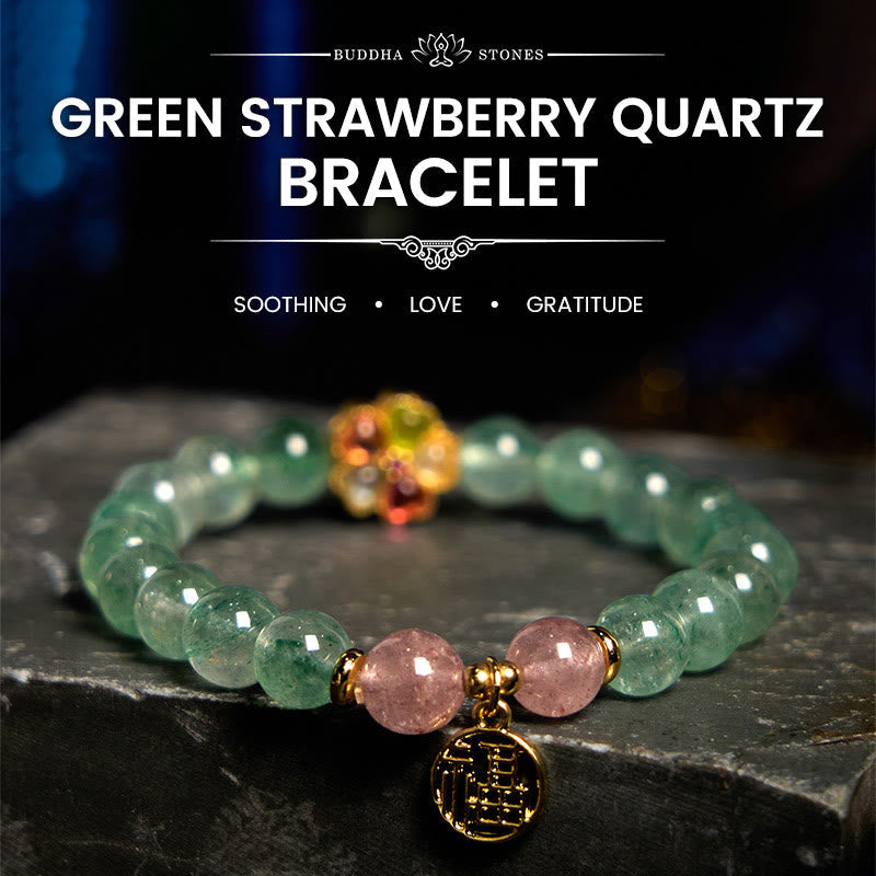 Fortune Jewel Natural Green Strawberry Quartz Soothing Fu Character Bracelet