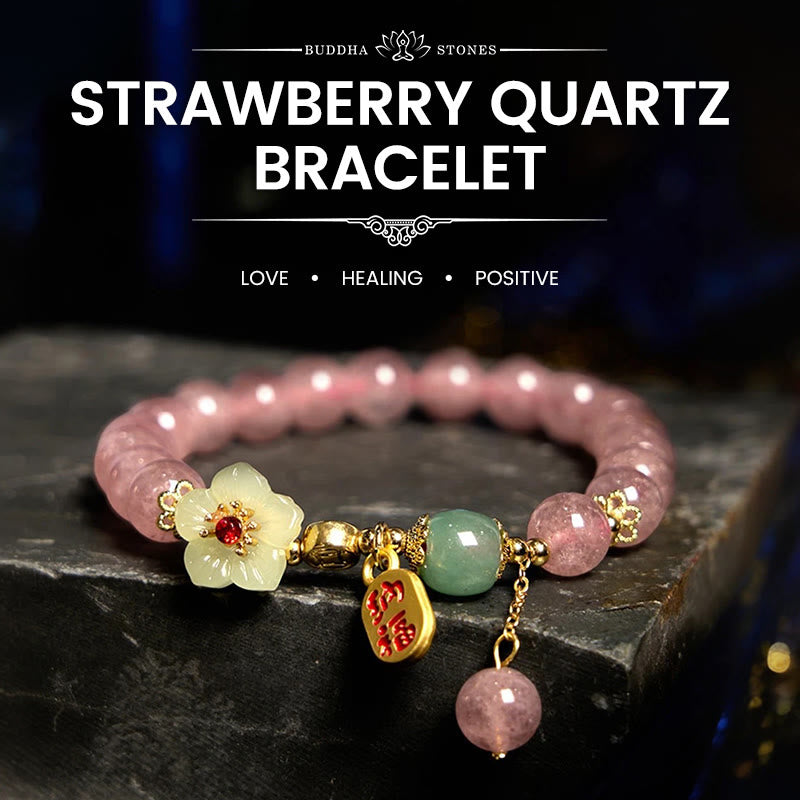 Fortune Jewel Natural Strawberry Quartz Blossom Fu Character Positivity Healing Bracelet