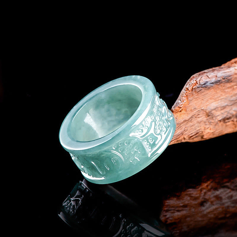Fortune Jewel Natural Jade Om Mani Padme Hum Carved Prosperity Ring