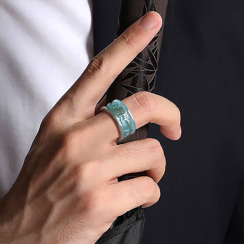 Fortune Jewel Natural Jade Om Mani Padme Hum Carved Prosperity Ring