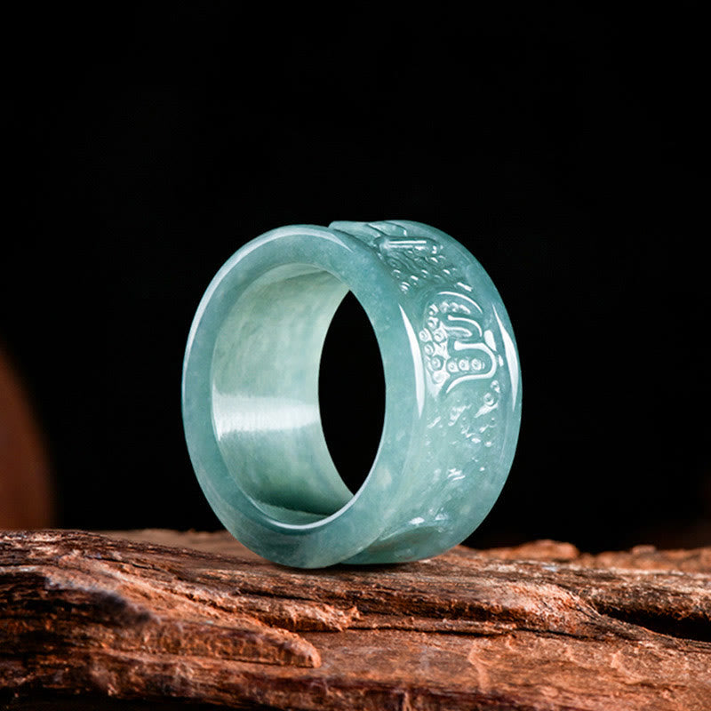Fortune Jewel Natural Jade Om Mani Padme Hum Carved Prosperity Ring