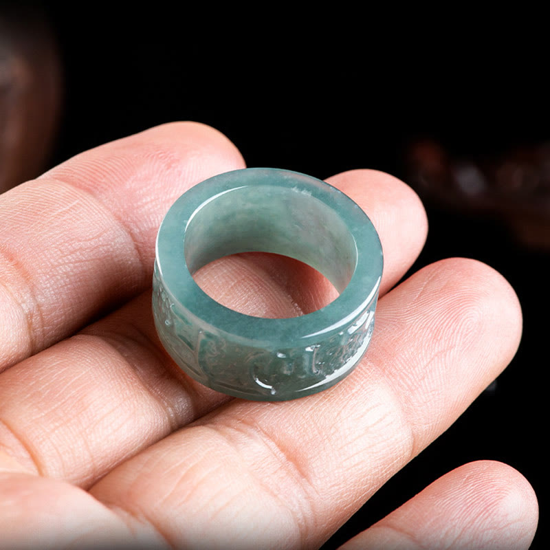 Fortune Jewel Natural Jade Om Mani Padme Hum Carved Prosperity Ring