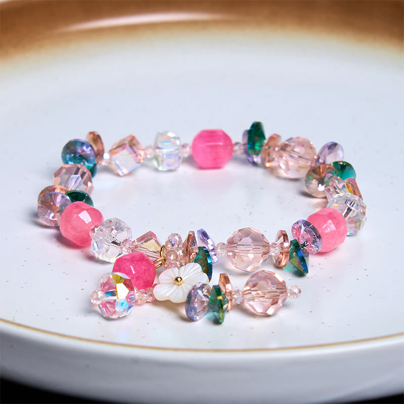 Fortune Jewel Pink Crystal Green Crystal White Crystal Flower Warmth Bracelet