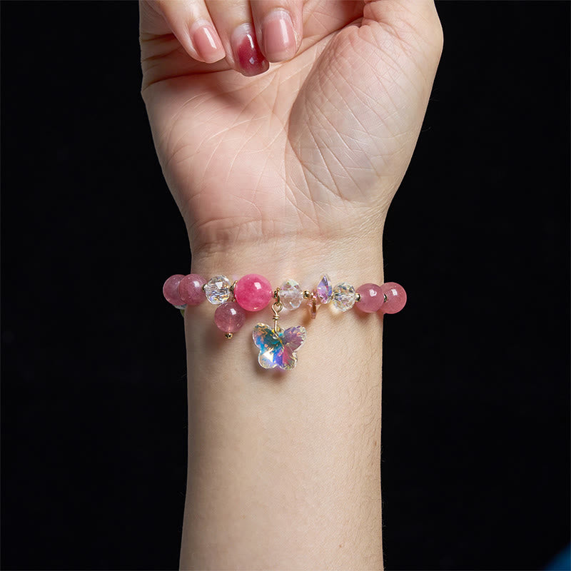 Fortune Jewel Strawberry Quartz White Crystal Pink Crystal Butterfly Love Bracelet