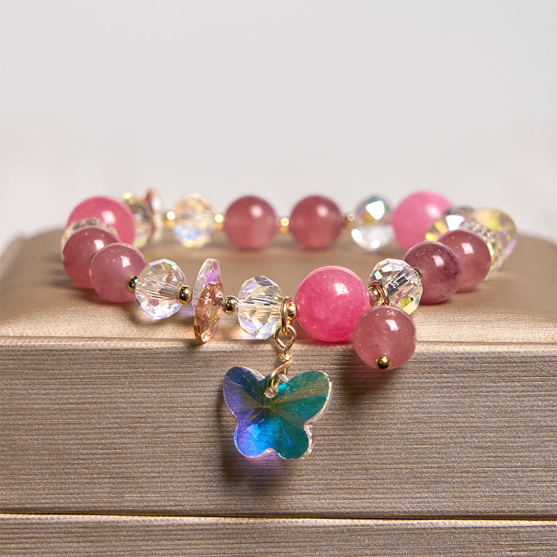 Fortune Jewel Strawberry Quartz White Crystal Pink Crystal Butterfly Love Bracelet