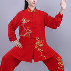 Buddha Stones 2Pcs Fall Embroidery Dragon Frog-Button Tai Chi Meditation Qigong Zen Practice Unisex Cotton Clothing Set