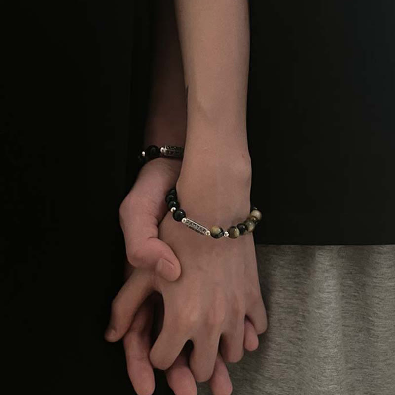 Fortune Jewel Natural Black Obsidian Tiger's Eye Six True Words 'om Mani Padme Hum' Strength Love Bracelet