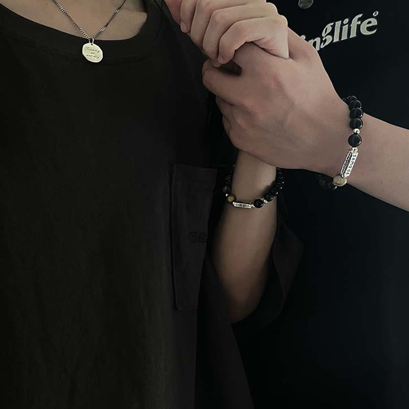 Fortune Jewel Natural Black Obsidian Tiger's Eye Six True Words 'om Mani Padme Hum' Strength Love Bracelet
