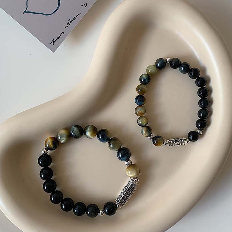 Fortune Jewel Natural Black Obsidian Tiger's Eye Six True Words 'om Mani Padme Hum' Strength Love Bracelet