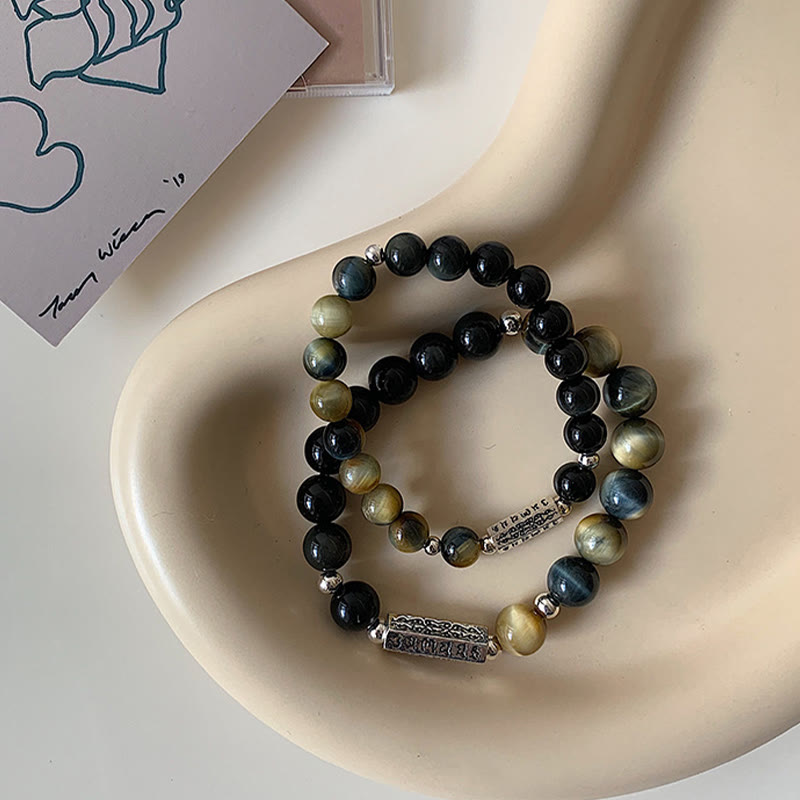 Fortune Jewel Natural Black Obsidian Tiger's Eye Six True Words 'om Mani Padme Hum' Strength Love Bracelet