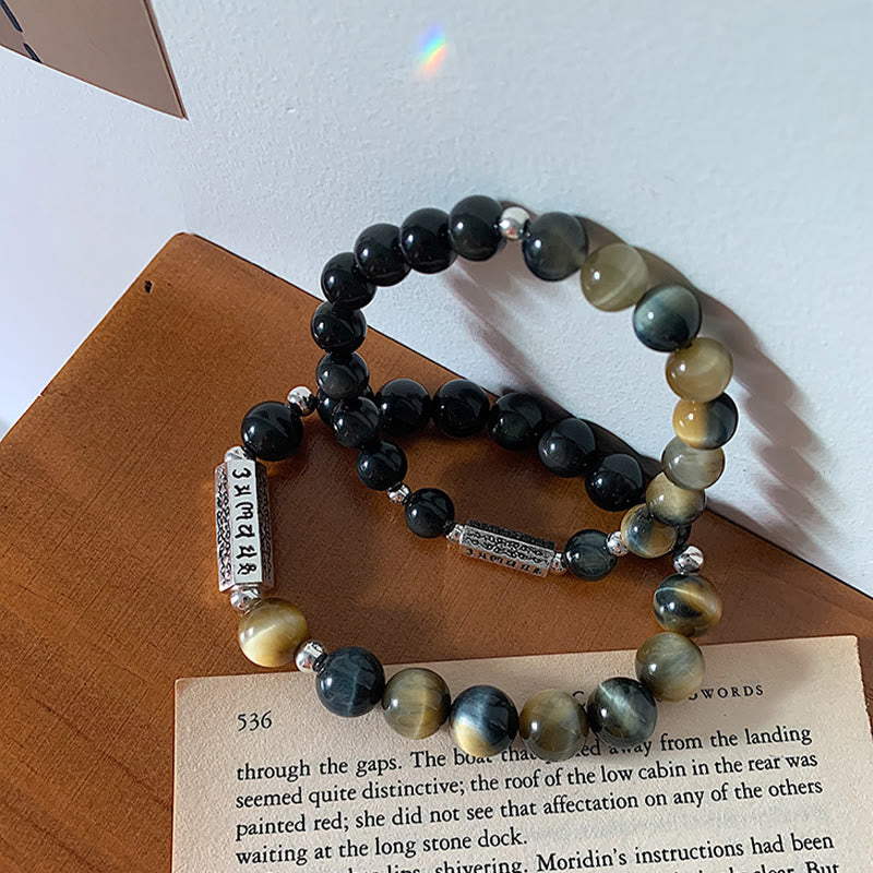 Fortune Jewel Natural Black Obsidian Tiger's Eye Six True Words 'om Mani Padme Hum' Strength Love Bracelet