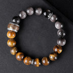 Fortune Jewel Natural Silver Sheen Obsidian Tiger's Eye Six True Words 'Om Mani Padme Hum' Strength Bracelet