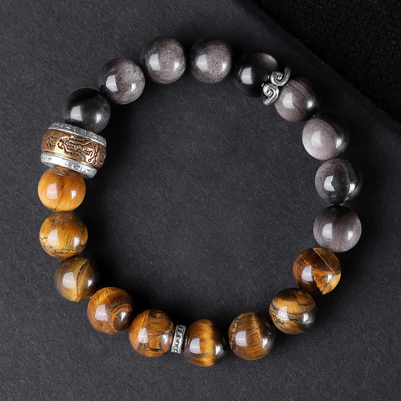 Fortune Jewel Natural Silver Sheen Obsidian Tiger's Eye Six True Words 'Om Mani Padme Hum' Strength Bracelet