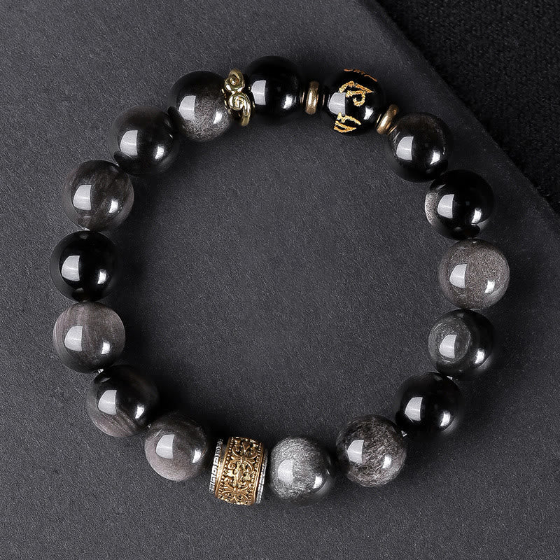 Fortune Jewel Natural Silver Sheen Obsidian Tiger's Eye Six True Words 'Om Mani Padme Hum' Strength Bracelet