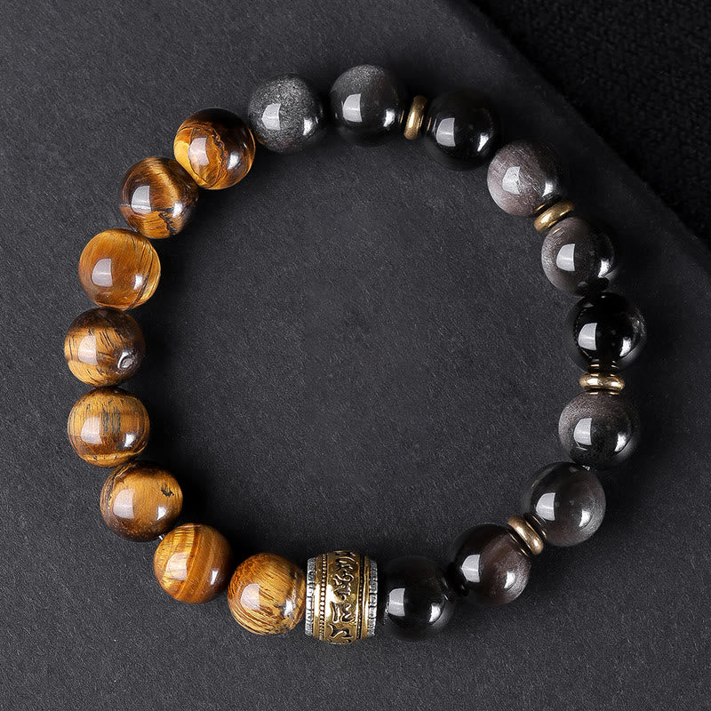 Fortune Jewel Natural Silver Sheen Obsidian Tiger's Eye Six True Words 'Om Mani Padme Hum' Strength Bracelet