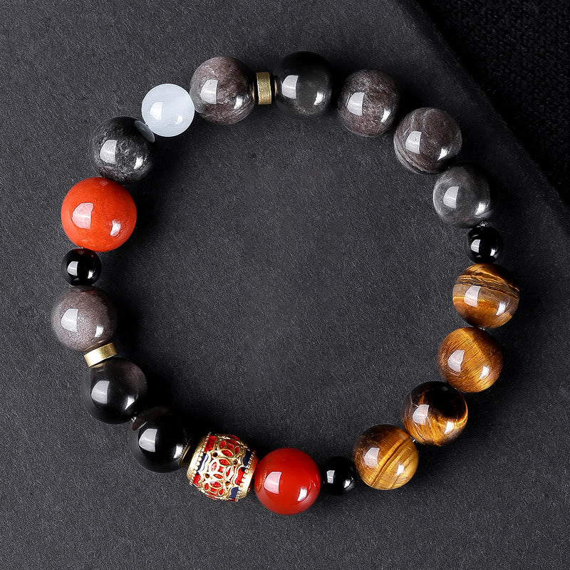 Fortune Jewel Natural Silver Sheen Obsidian Tiger's Eye Six True Words 'Om Mani Padme Hum' Strength Bracelet