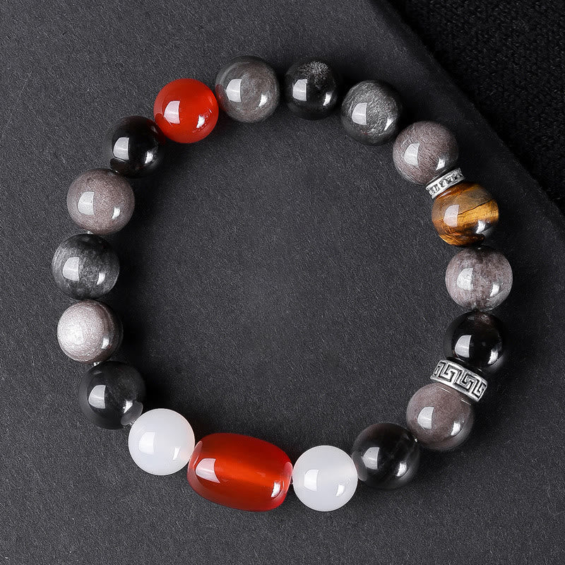 Fortune Jewel Natural Silver Sheen Obsidian Tiger's Eye Six True Words 'Om Mani Padme Hum' Strength Bracelet