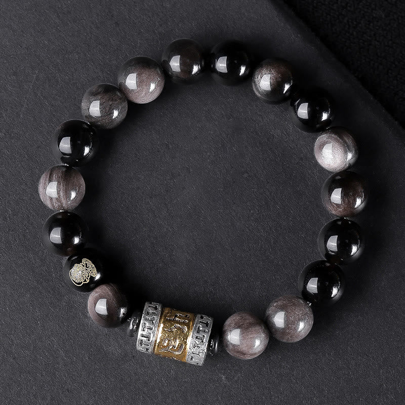Fortune Jewel Natural Silver Sheen Obsidian Tiger's Eye Six True Words 'Om Mani Padme Hum' Strength Bracelet