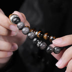 Fortune Jewel Natural Silver Sheen Obsidian Tiger's Eye Six True Words 'Om Mani Padme Hum' Strength Bracelet