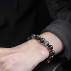 Fortune Jewel Natural Silver Sheen Obsidian Tiger's Eye Six True Words 'Om Mani Padme Hum' Strength Bracelet