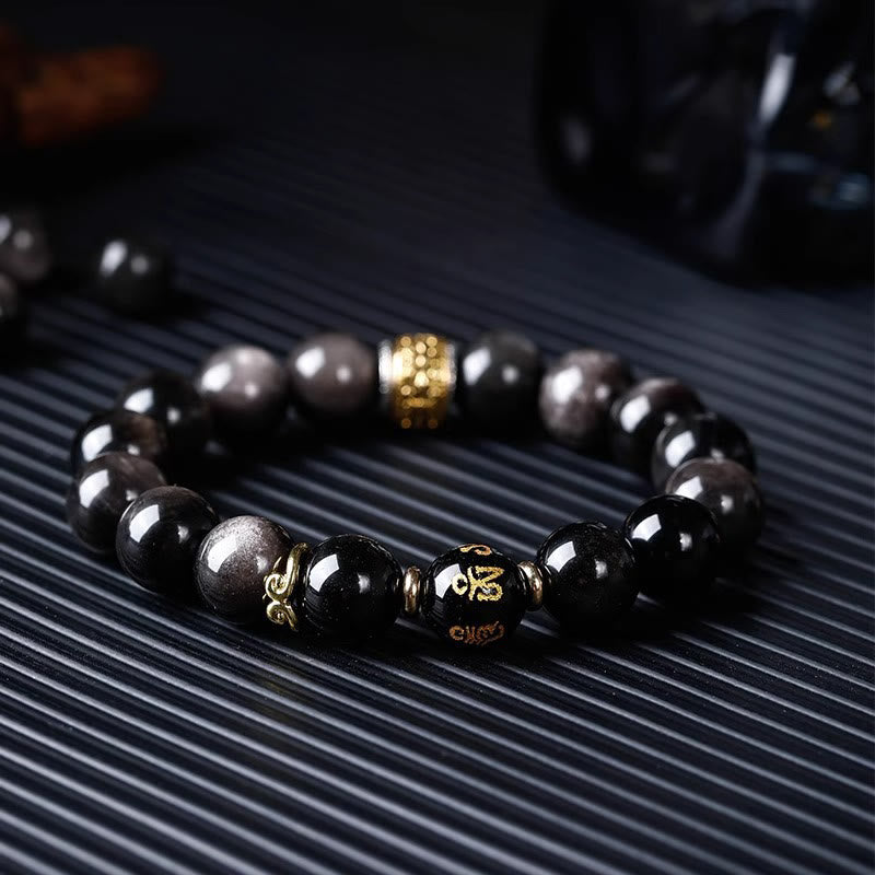 Fortune Jewel Natural Silver Sheen Obsidian Tiger's Eye Six True Words 'Om Mani Padme Hum' Strength Bracelet