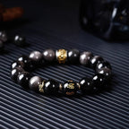 Fortune Jewel Natural Silver Sheen Obsidian Tiger's Eye Six True Words 'Om Mani Padme Hum' Strength Bracelet