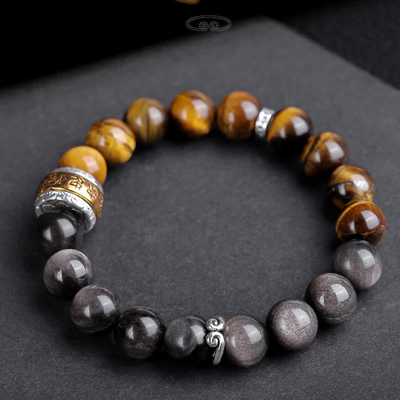Fortune Jewel Natural Silver Sheen Obsidian Tiger's Eye Six True Words 'Om Mani Padme Hum' Strength Bracelet